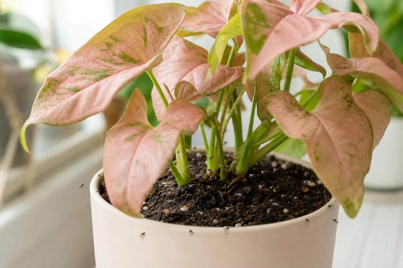Fungus Gnats on Syngonium Pink - visible symptom on the plant