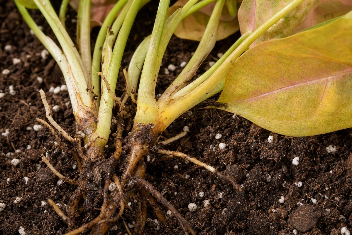 Close-up of Root Rot on Syngonium Pink - diagnostic detail