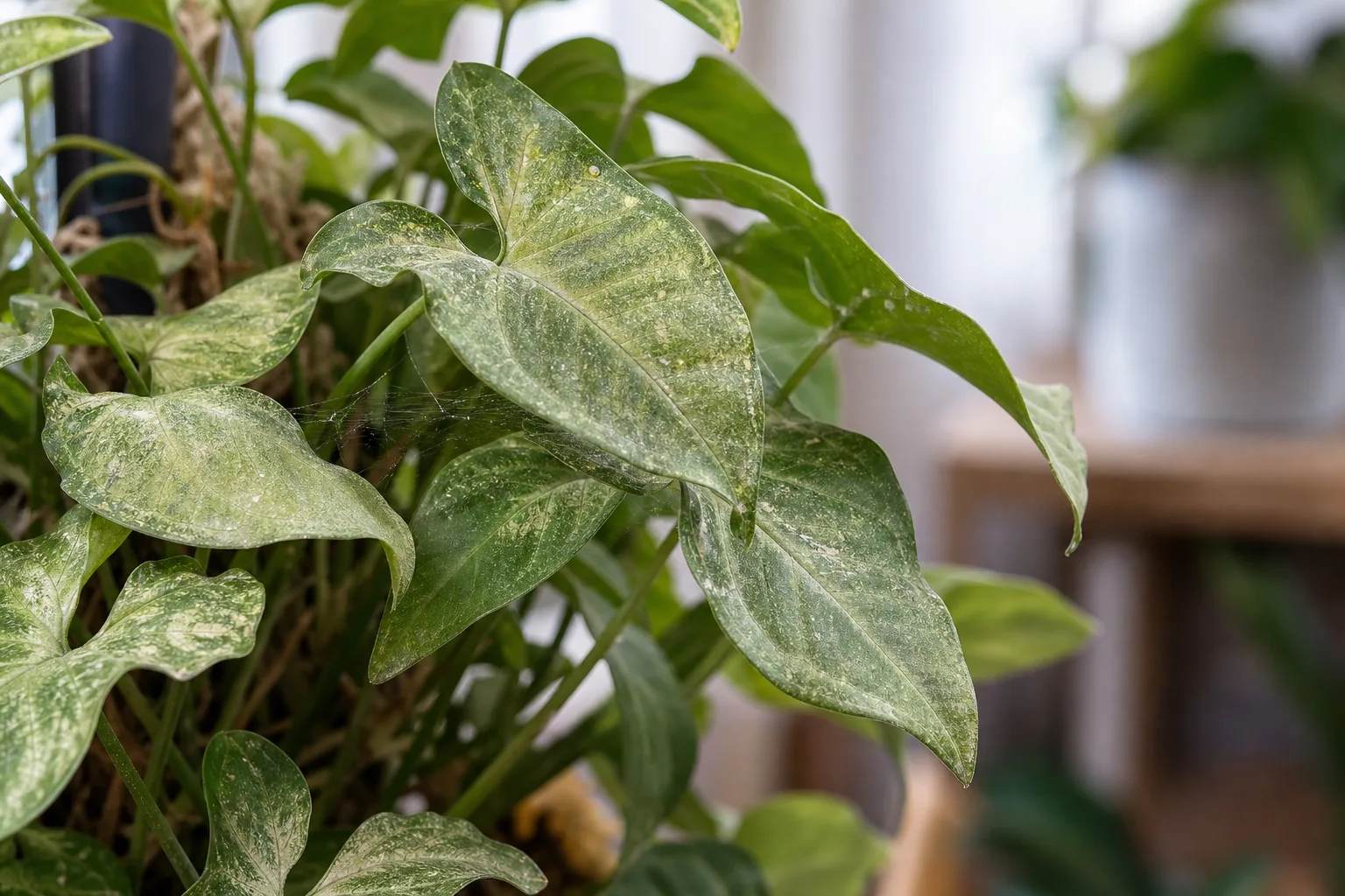Spider Mites on Syngonium - visible symptom on the plant