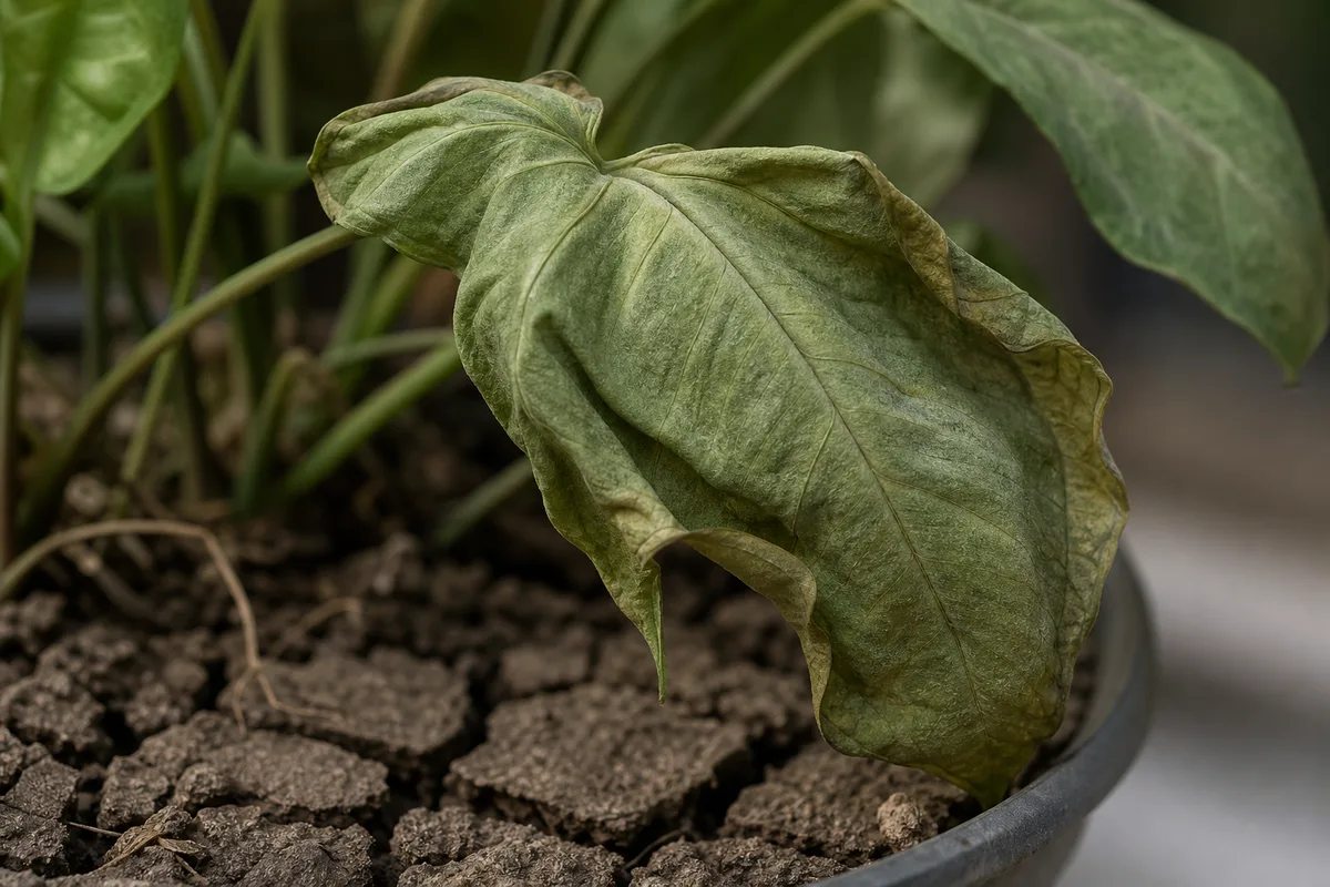 Close-up of Underwatering on Syngonium - diagnostic detail