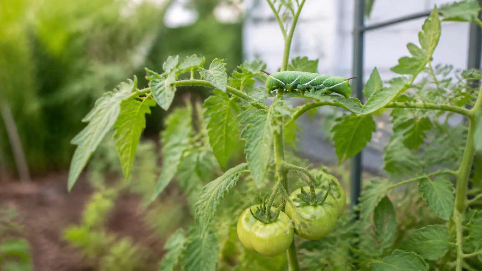Tomato hornworm feeding on a tomato plant in a home vegetable garden