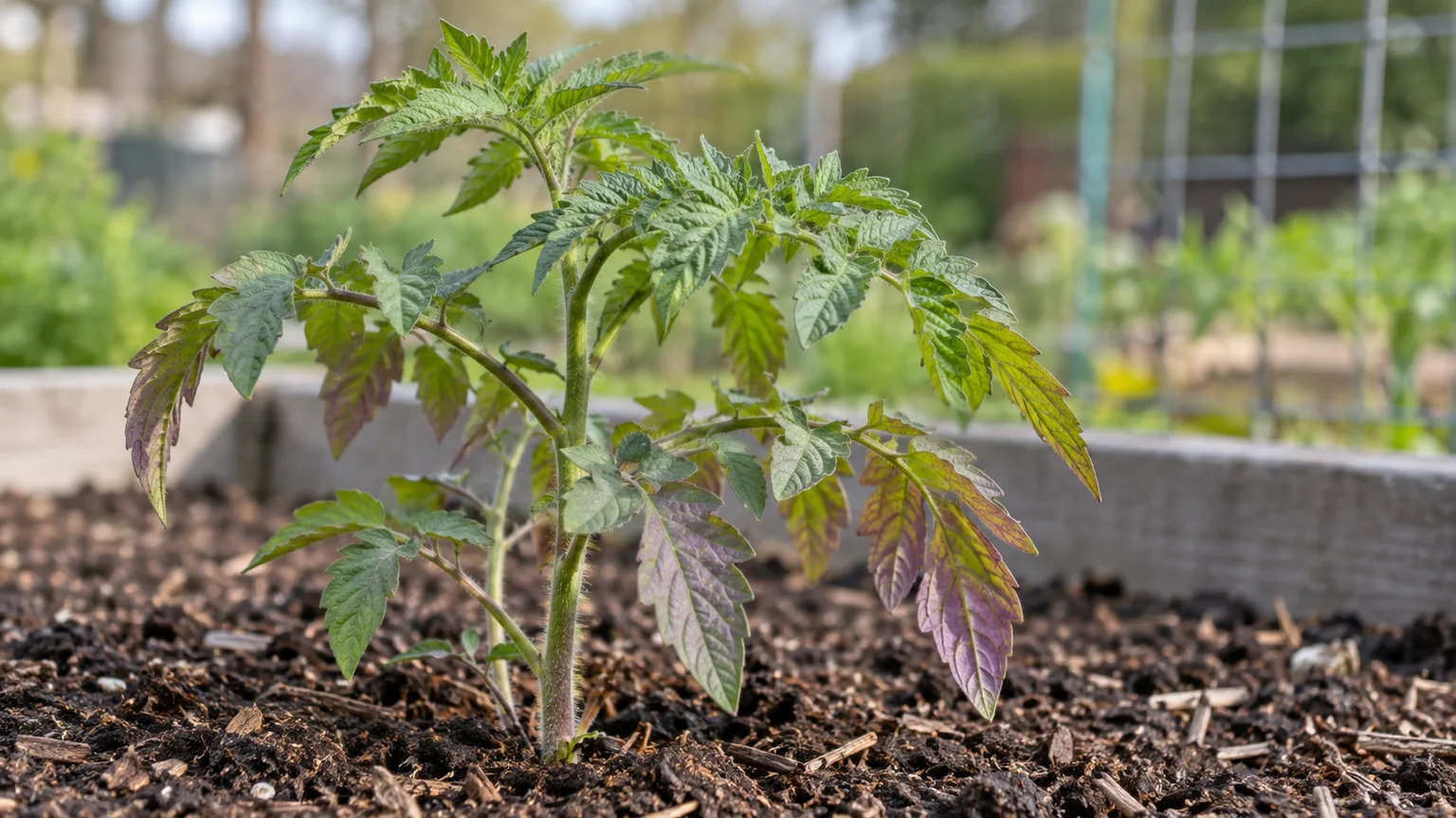 Tomato leaves with purple coloring on lower growth; color alone does not identify a nutrient deficiency