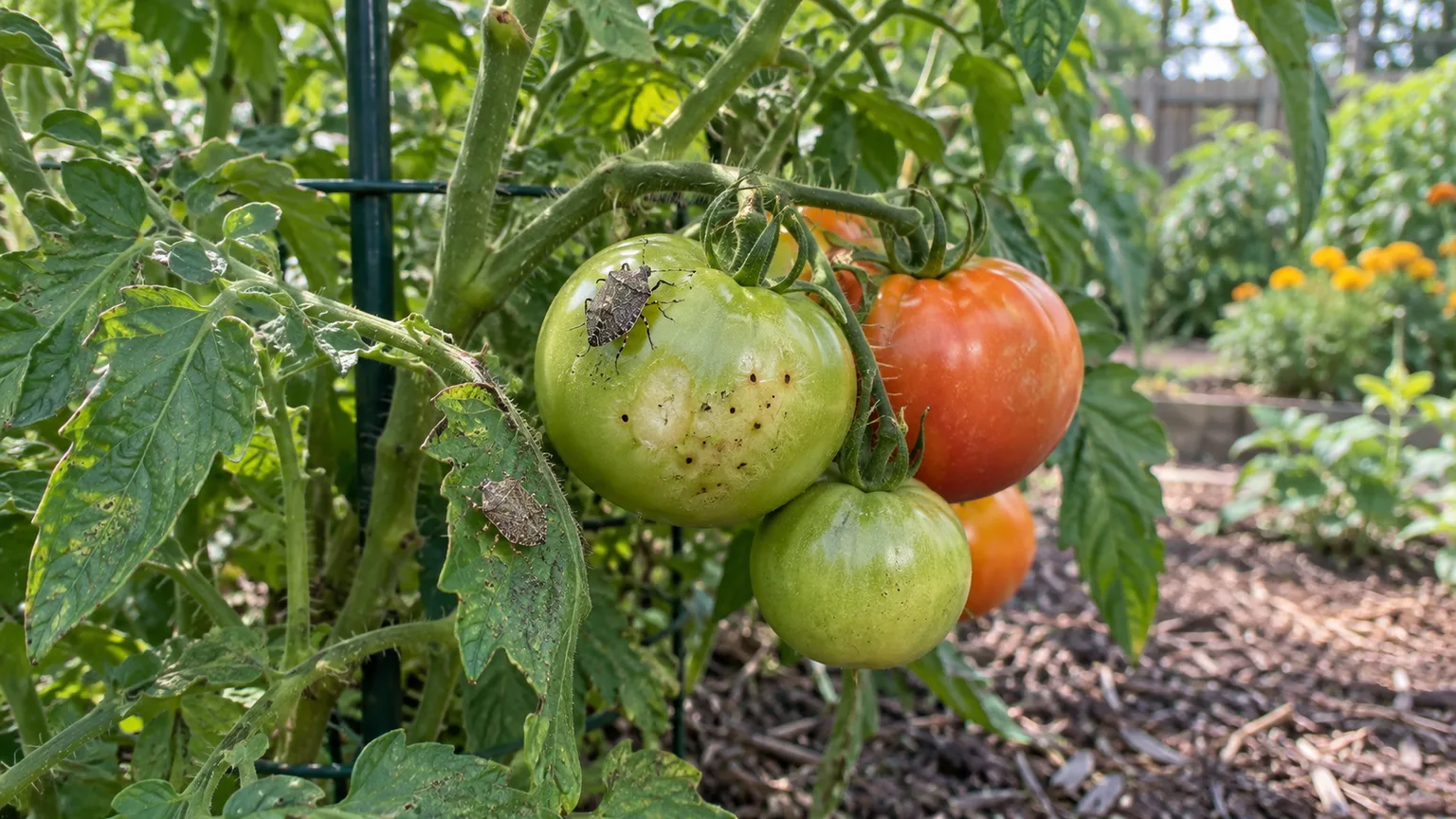 Tomato fruit showing cloudy stink bug feeding spots on a garden plant