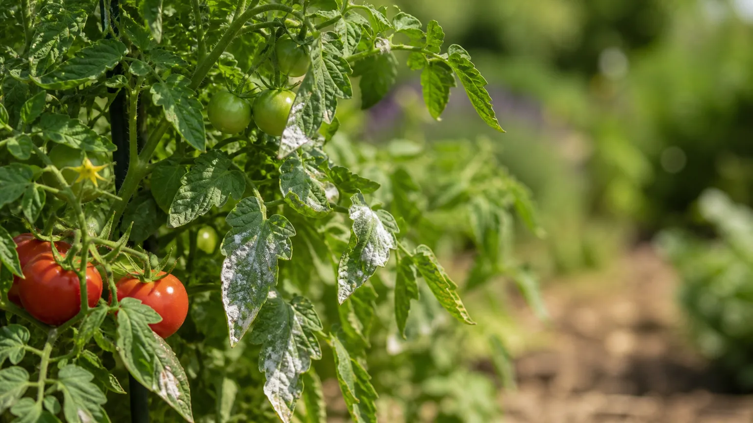 Tomato leaves with mild white powdery patches in a garden