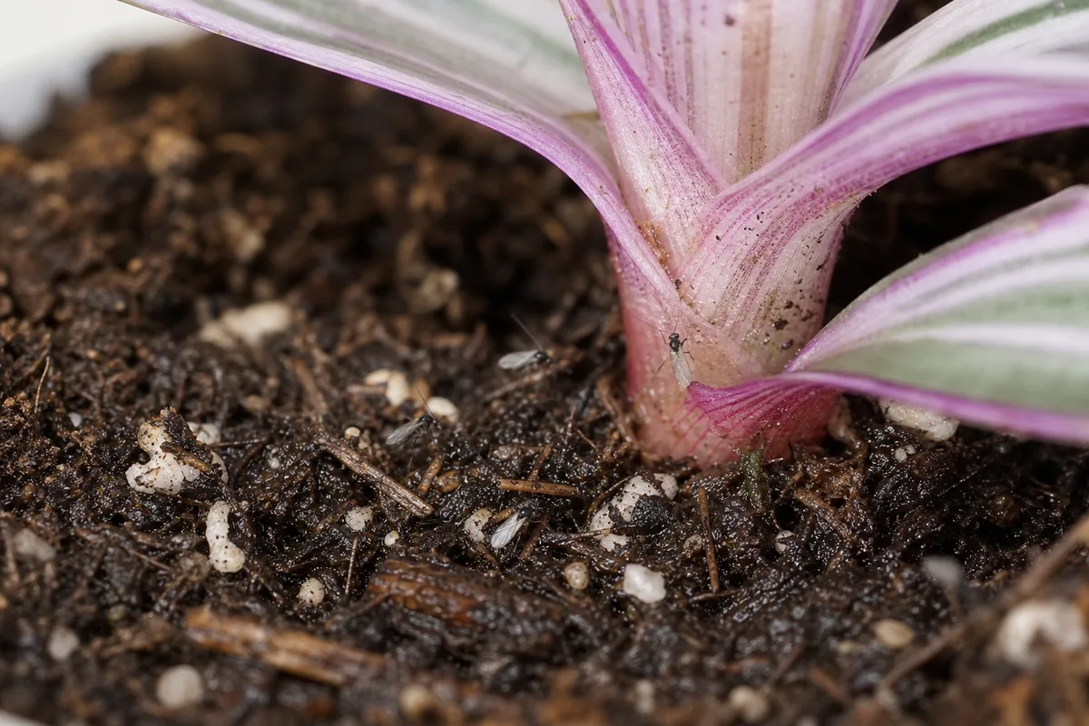 Close-up of Fungus Gnats on Tradescantia Nanouk - diagnostic detail