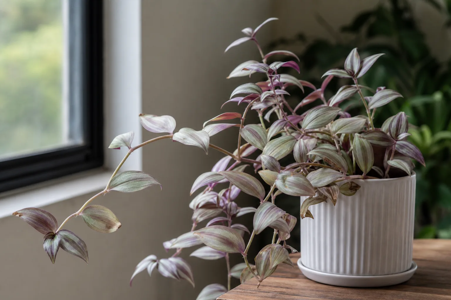 Tradescantia zebrina with faded green leaves from insufficient light beside a healthy striped specimen