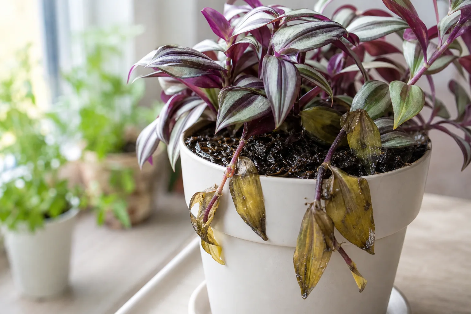Overwatered Tradescantia zebrina with yellowing leaves and soggy soil in a hanging basket
