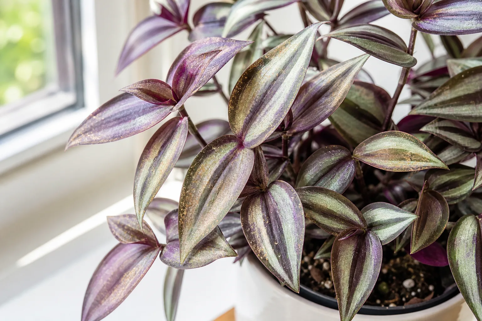 Spider mite damage on Tradescantia zebrina leaves with fine webbing between stems