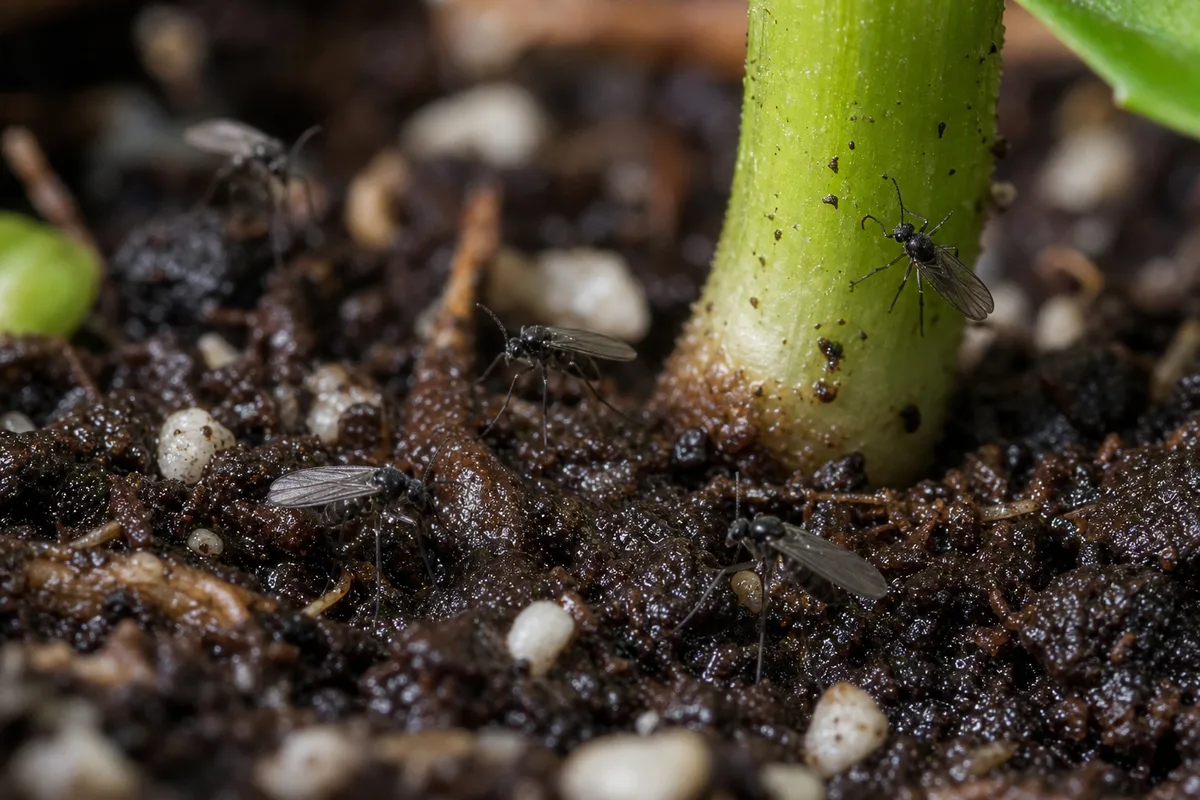Close-up of Fungus Gnats on Tulsi - diagnostic detail