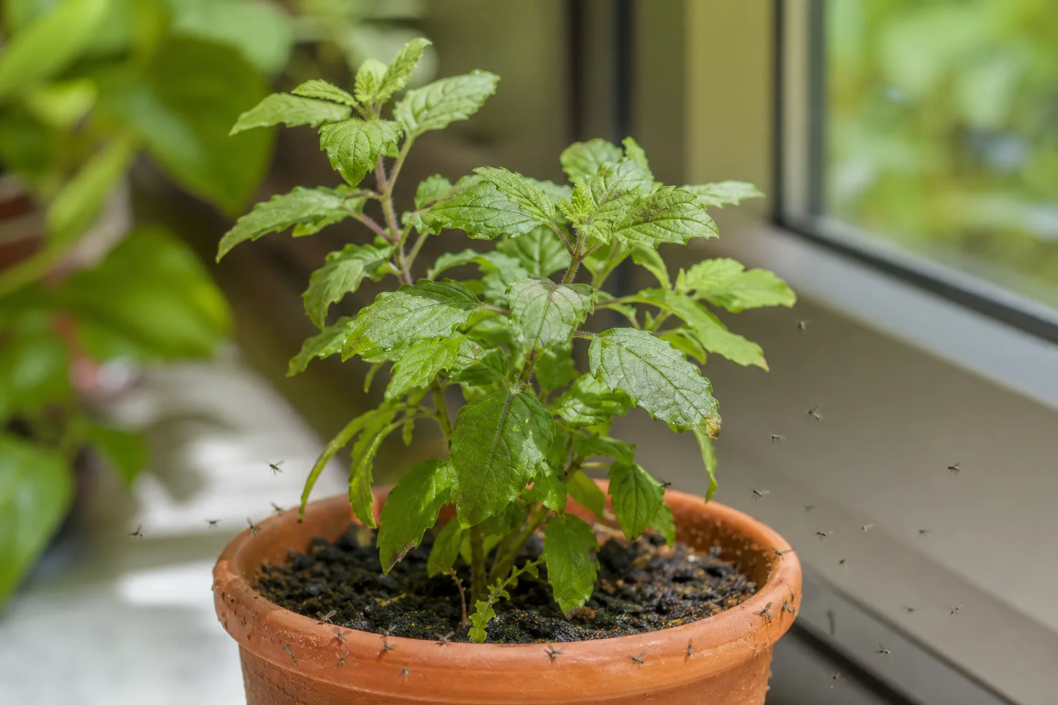 Fungus Gnats on Tulsi - visible symptom on the plant