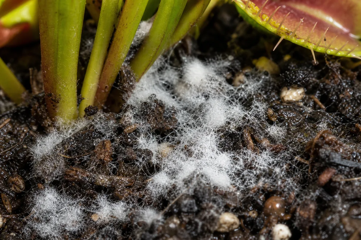 Close-up of Mold on Soil on Venus Flytrap - diagnostic detail