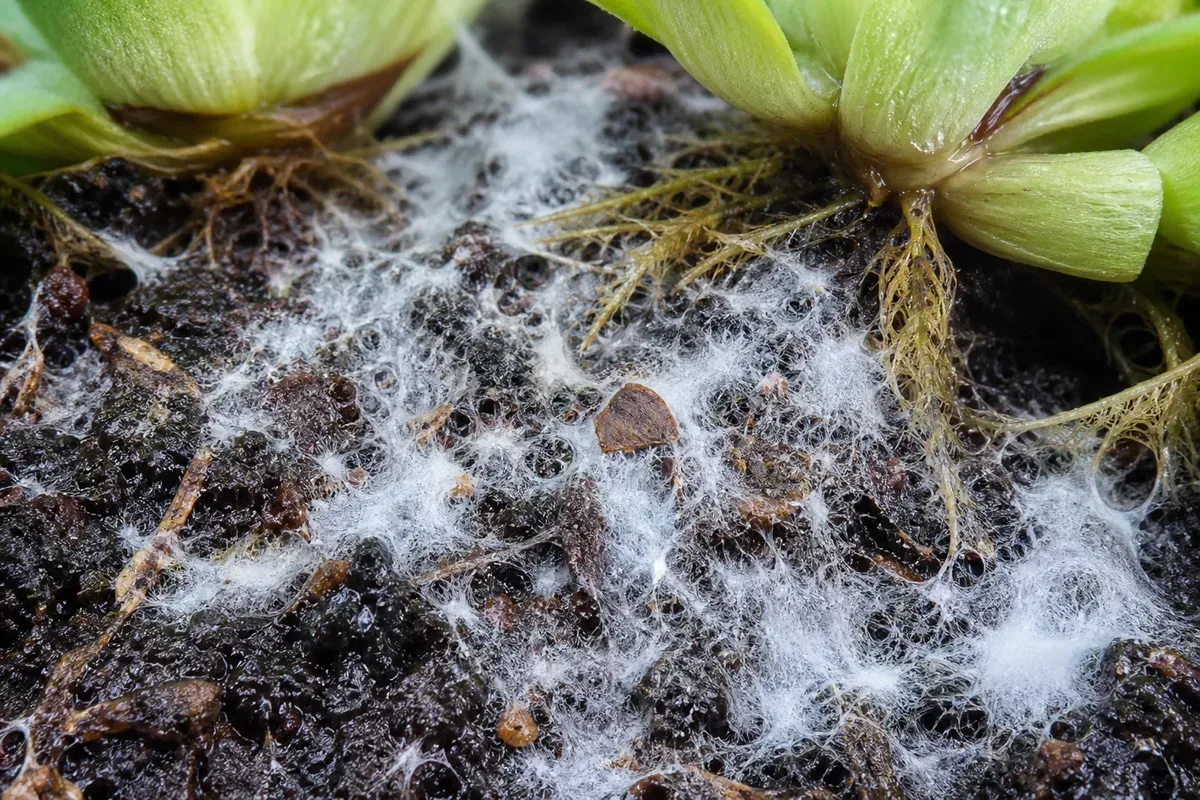 Close-up of Mold on Soil on Water Lettuce - diagnostic detail