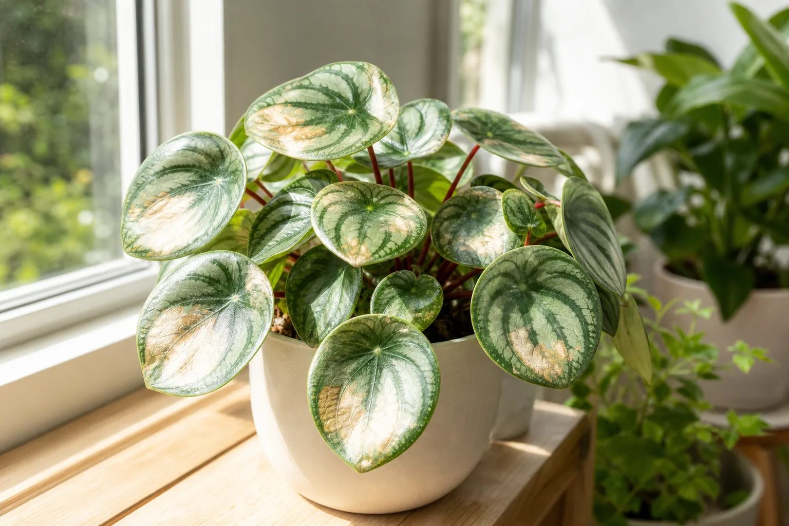 Sunburn / Scorched Leaves on Watermelon Peperomia - visible symptom on the plant