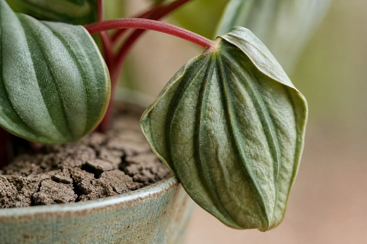 Close-up of Underwatering on Watermelon Peperomia - diagnostic detail