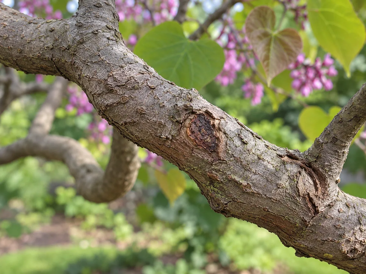 A small sunken lesion on a redbud branch that could be consistent with canker