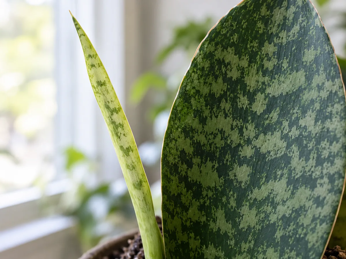 Close-up of leggy growth on Whale Fin Snake Plant, with a narrow pale leaning paddle beside a broad firm mottled paddle