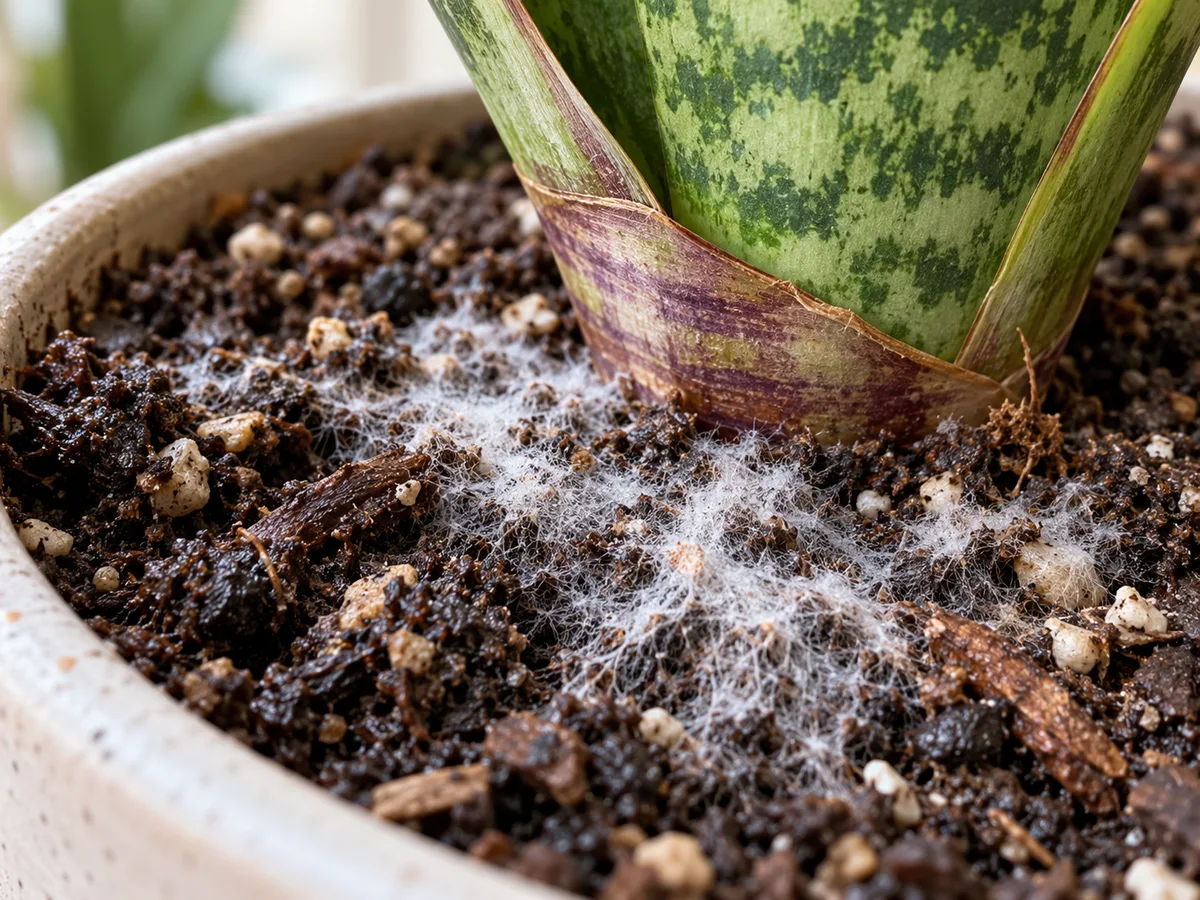 Close-up of mold on soil on Whale Fin Snake Plant, with white fuzzy threads across dark mix at the base of a mottled paddle