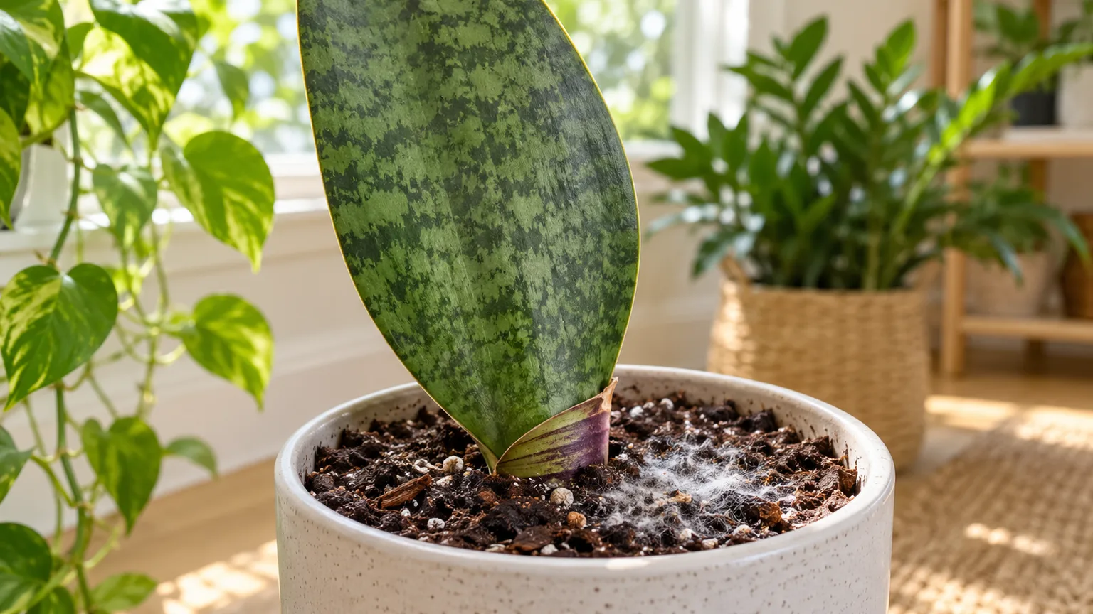 Mold on soil on Whale Fin Snake Plant - white surface fuzz on potting mix around the base of a broad mottled paddle