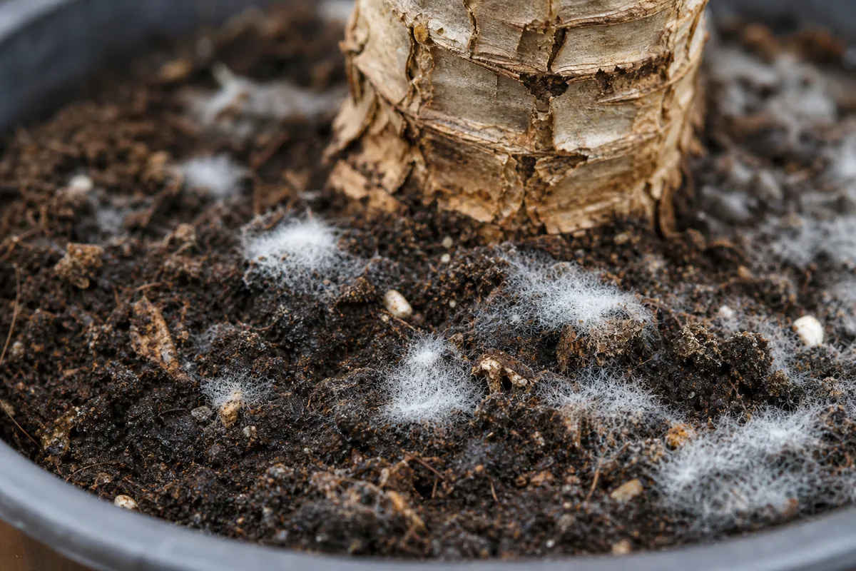 Close-up of Mold on Soil on Yucca Plant - diagnostic detail