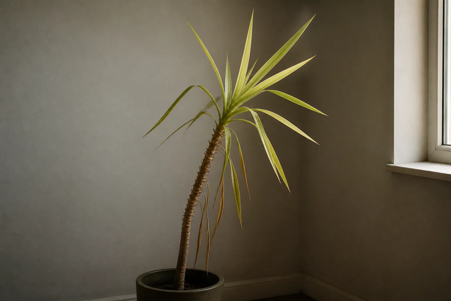 Not Enough Light on Yucca Plant - visible symptom on the plant