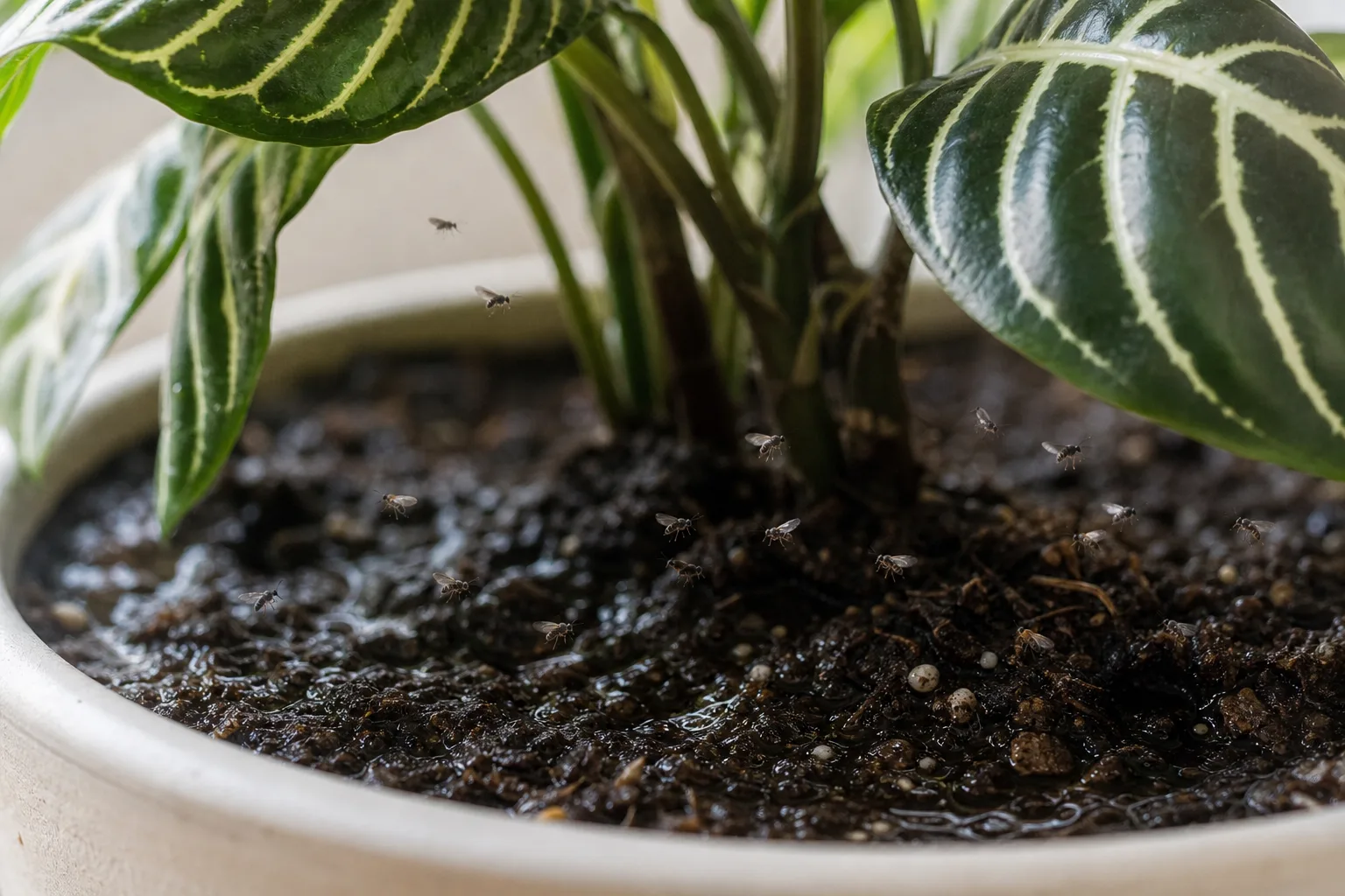 Fungus Gnats on Zebra Plant - visible symptom on the plant