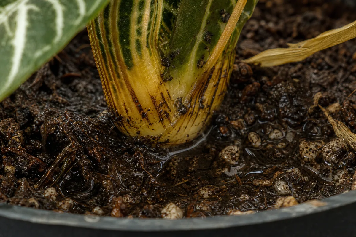 Close-up of Overwatering on Zebra Plant - diagnostic detail