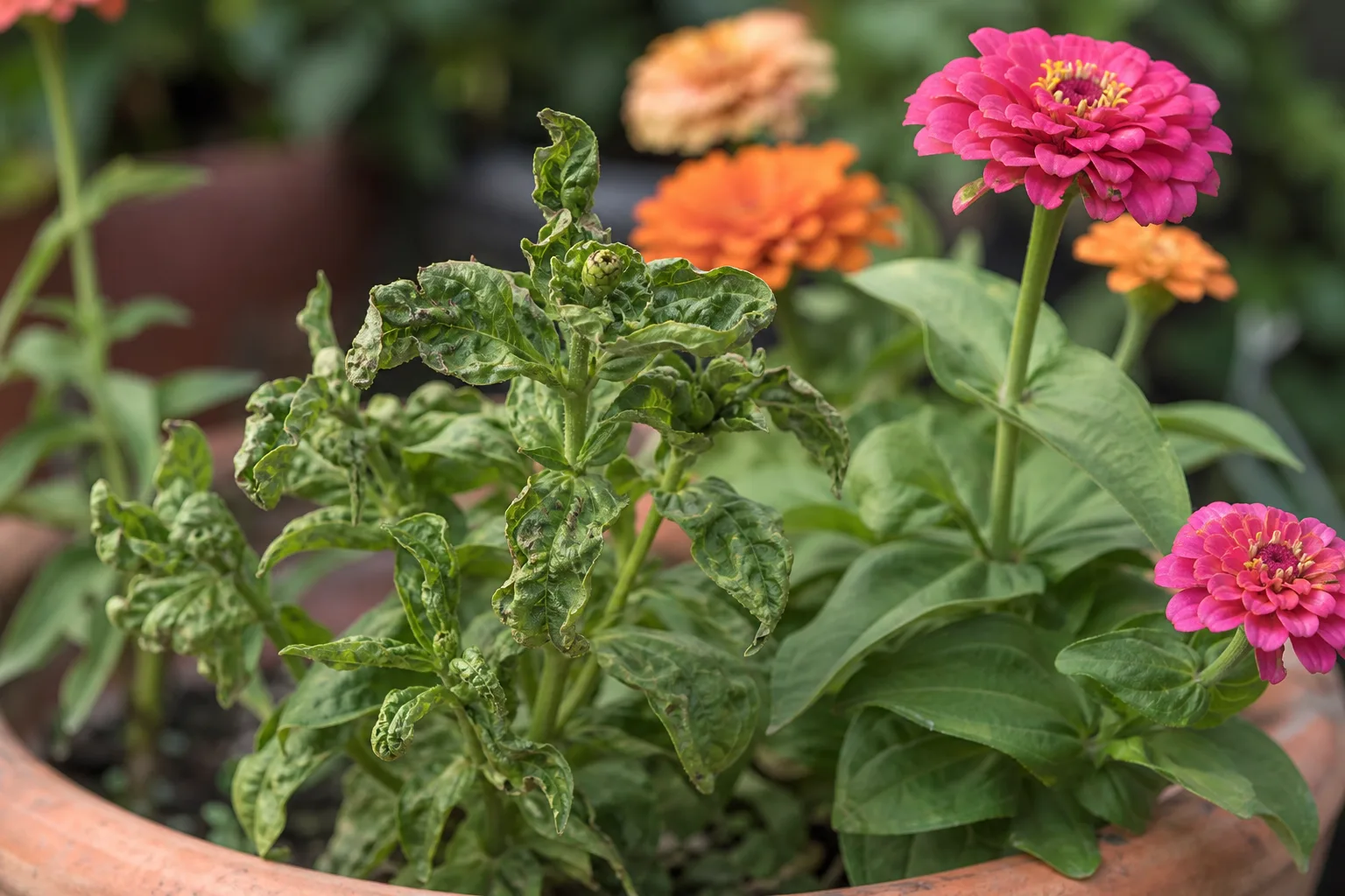 Distorted Leaves on Zinnia - visible symptom on the plant