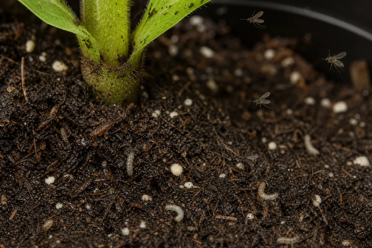 Close-up of Fungus Gnats on Zinnia - diagnostic detail