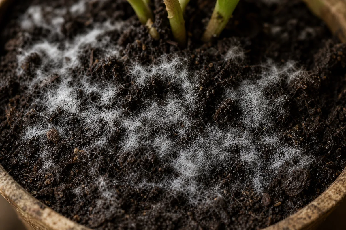 Close-up of Mold on Soil on Zinnia - diagnostic detail