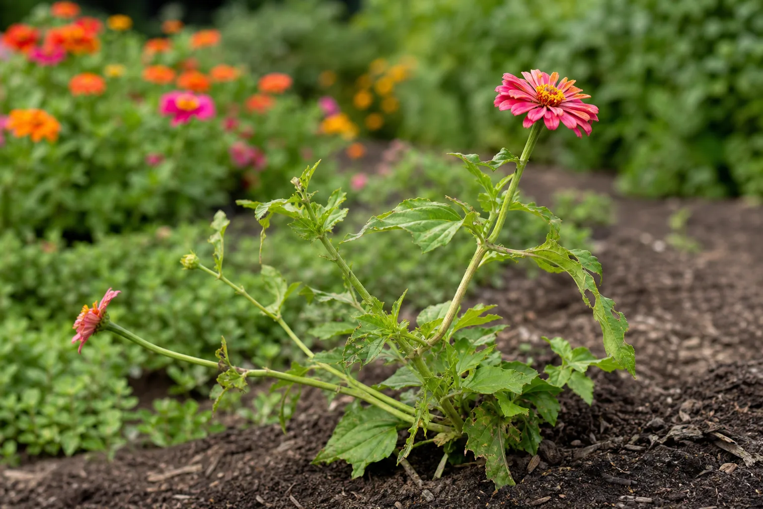 Wind Damage on Zinnia - visible symptom on the plant
