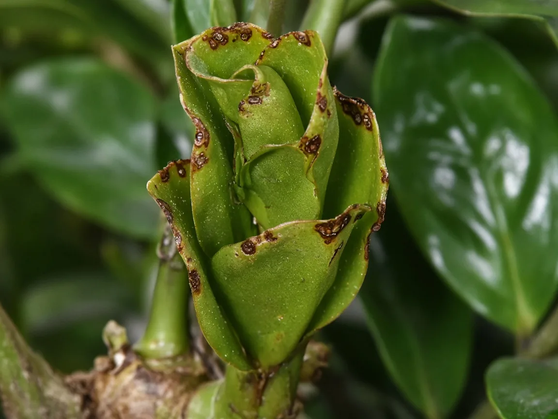 Close-up of cupped, margin-burned new ZZ plant leaflets on an emerging stem