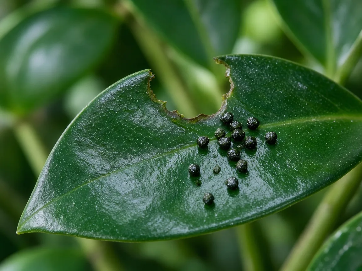Close-up of caterpillar chew damage on ZZ Plant - ragged notch and frass on glossy leaflet