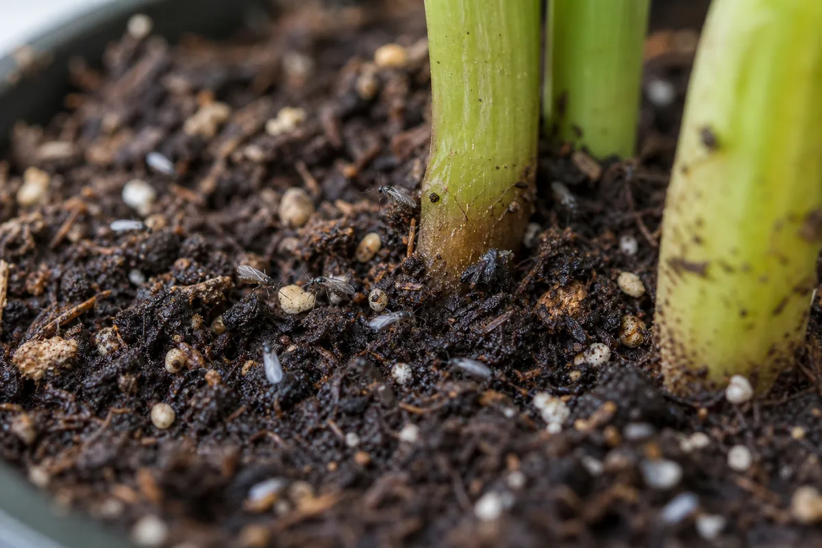 Close-up of Fungus Gnats on ZZ Plant - diagnostic detail