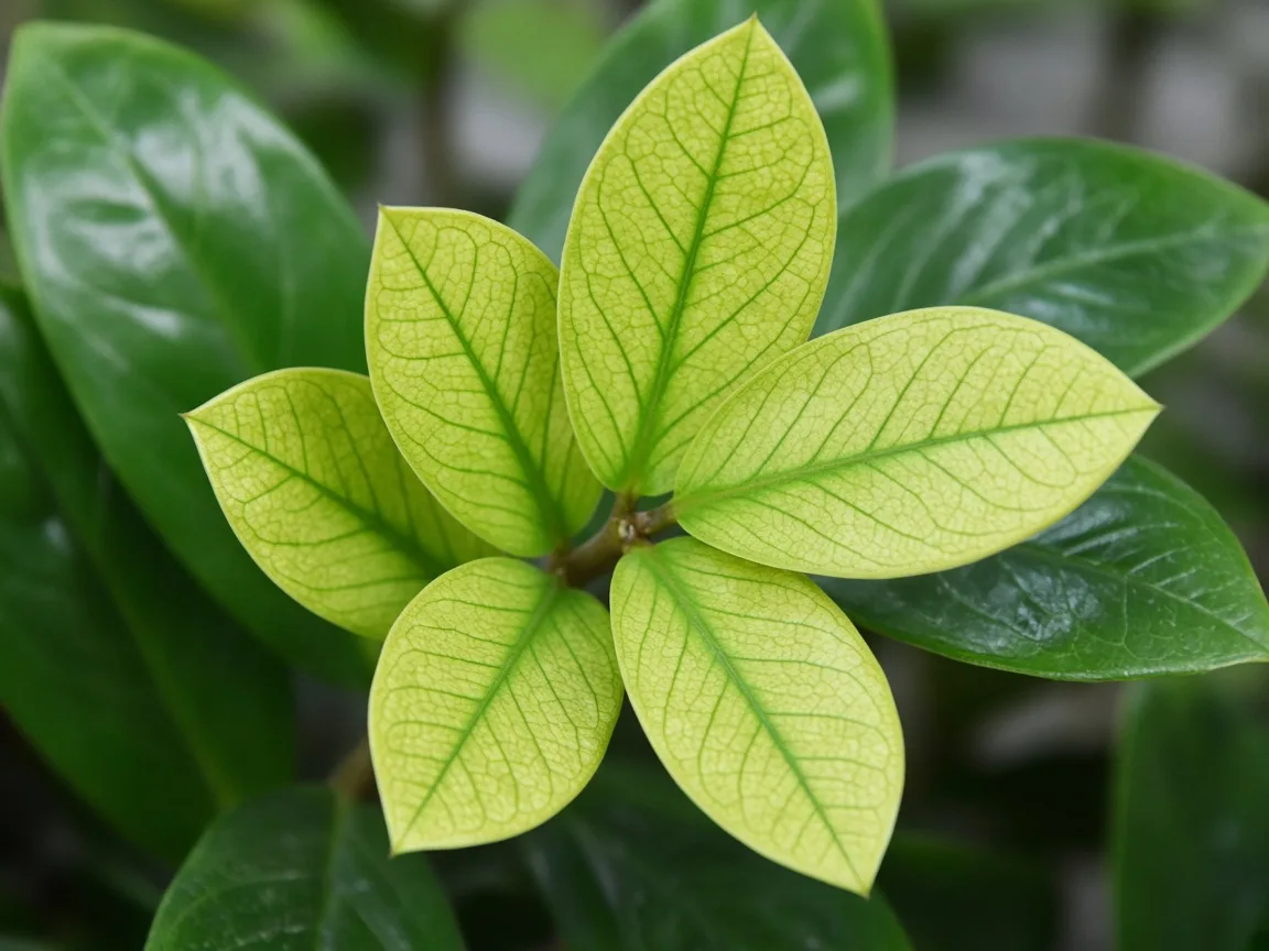 Close-up of interveinal chlorosis on new ZZ plant leaflets at stem tip
