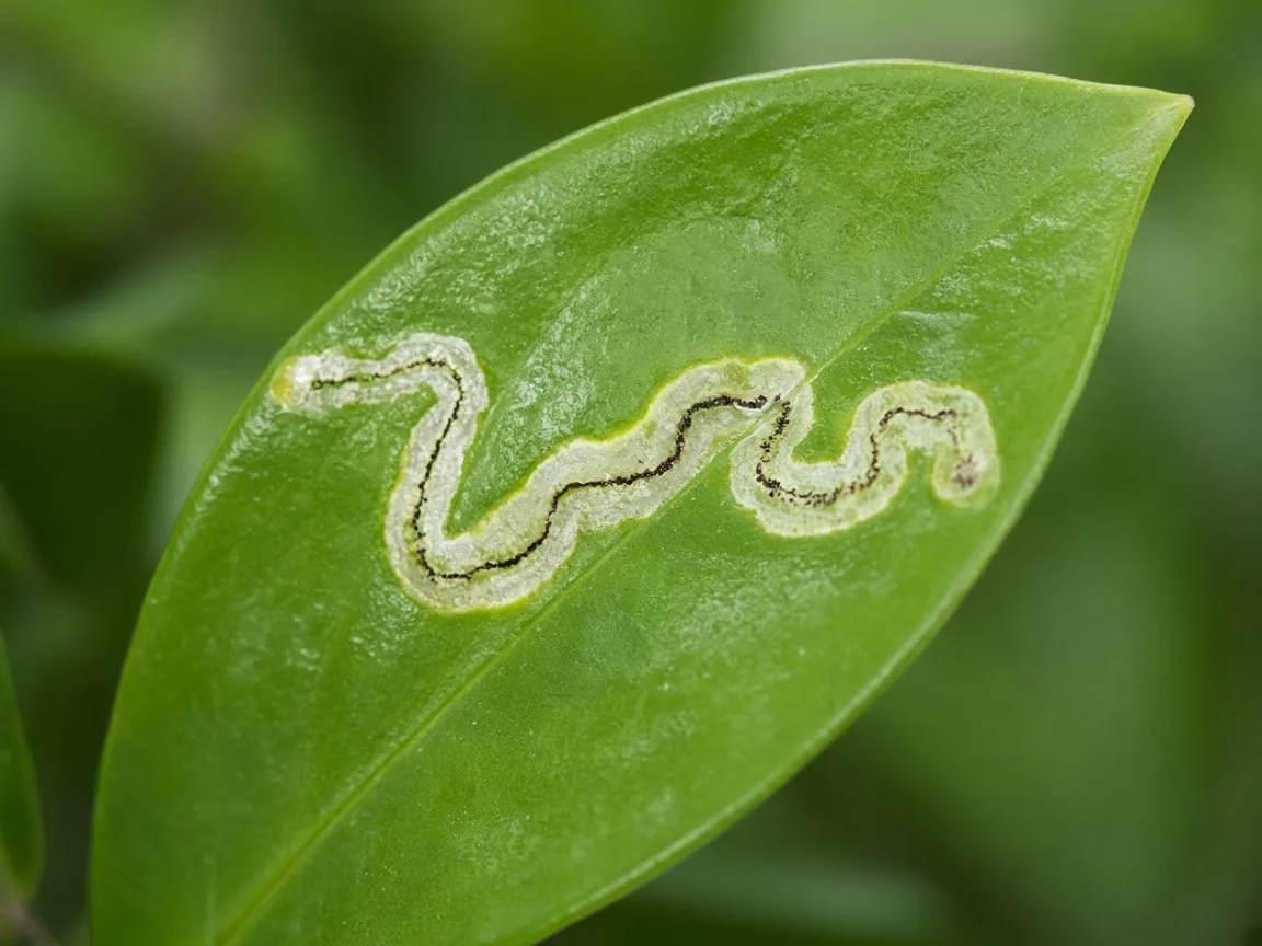 Close-up of leaf miner tunnel inside a ZZ plant glossy leaflet