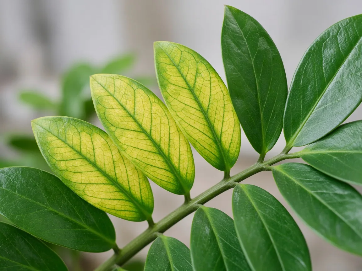 Close-up of interveinal chlorosis on older ZZ plant glossy leaflets along a mid-stem arching stem