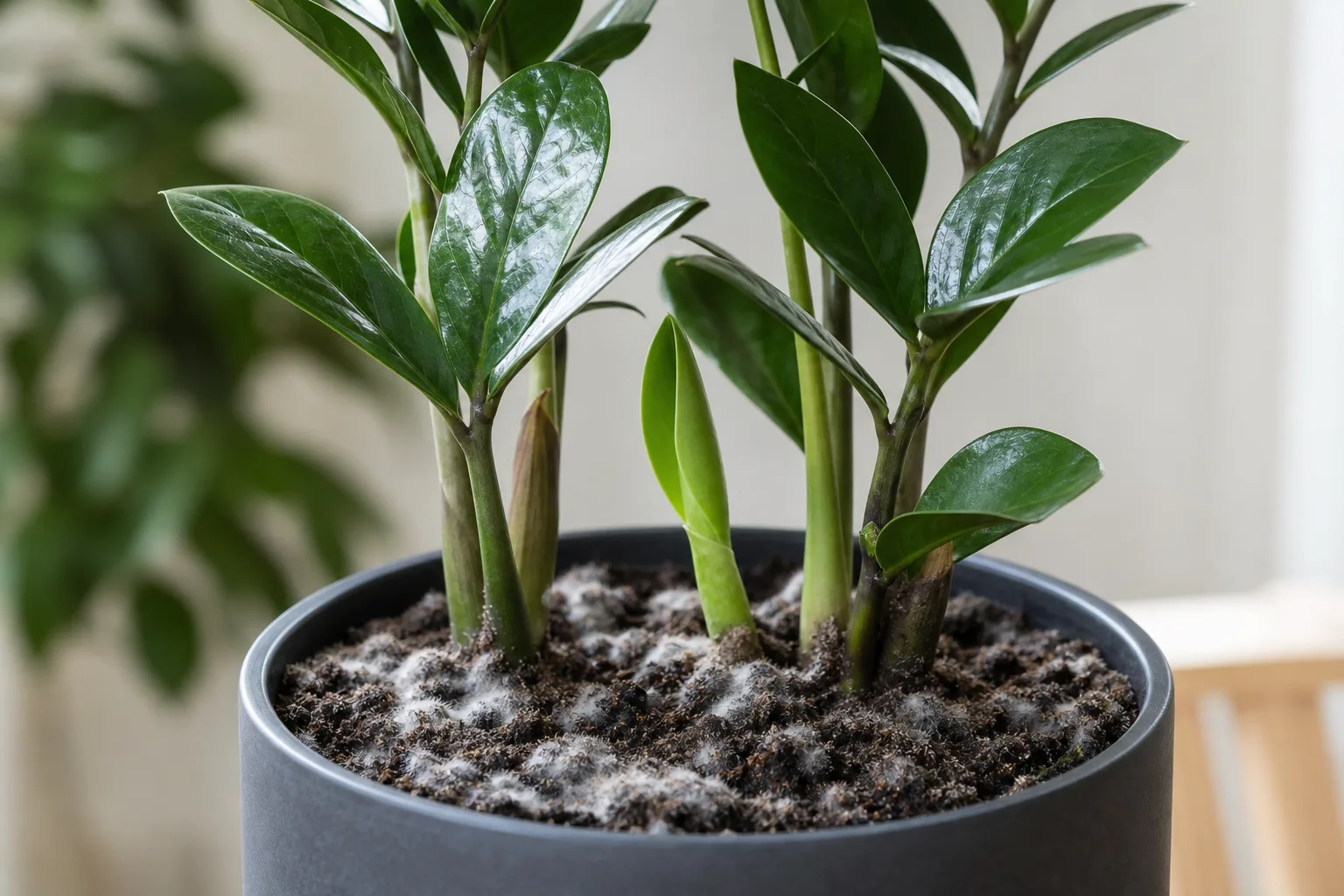Mold on Soil on ZZ Plant - visible symptom on the plant
