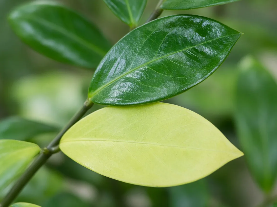 Close-up of nitrogen deficiency on ZZ plant - uniform pale yellow-green on oldest lower elliptical leaflet