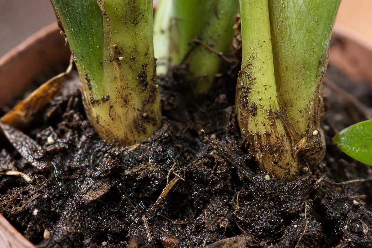 Close-up of Poor Drainage on ZZ Plant - diagnostic detail