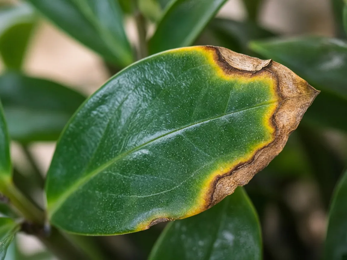Close-up of brown scorched margins on an older ZZ plant glossy leaflet