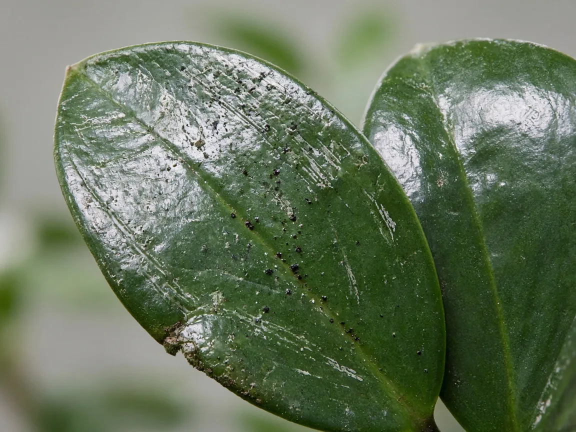 Close-up of thrips damage on ZZ Plant - silvery streaks and black frass on glossy leaflet