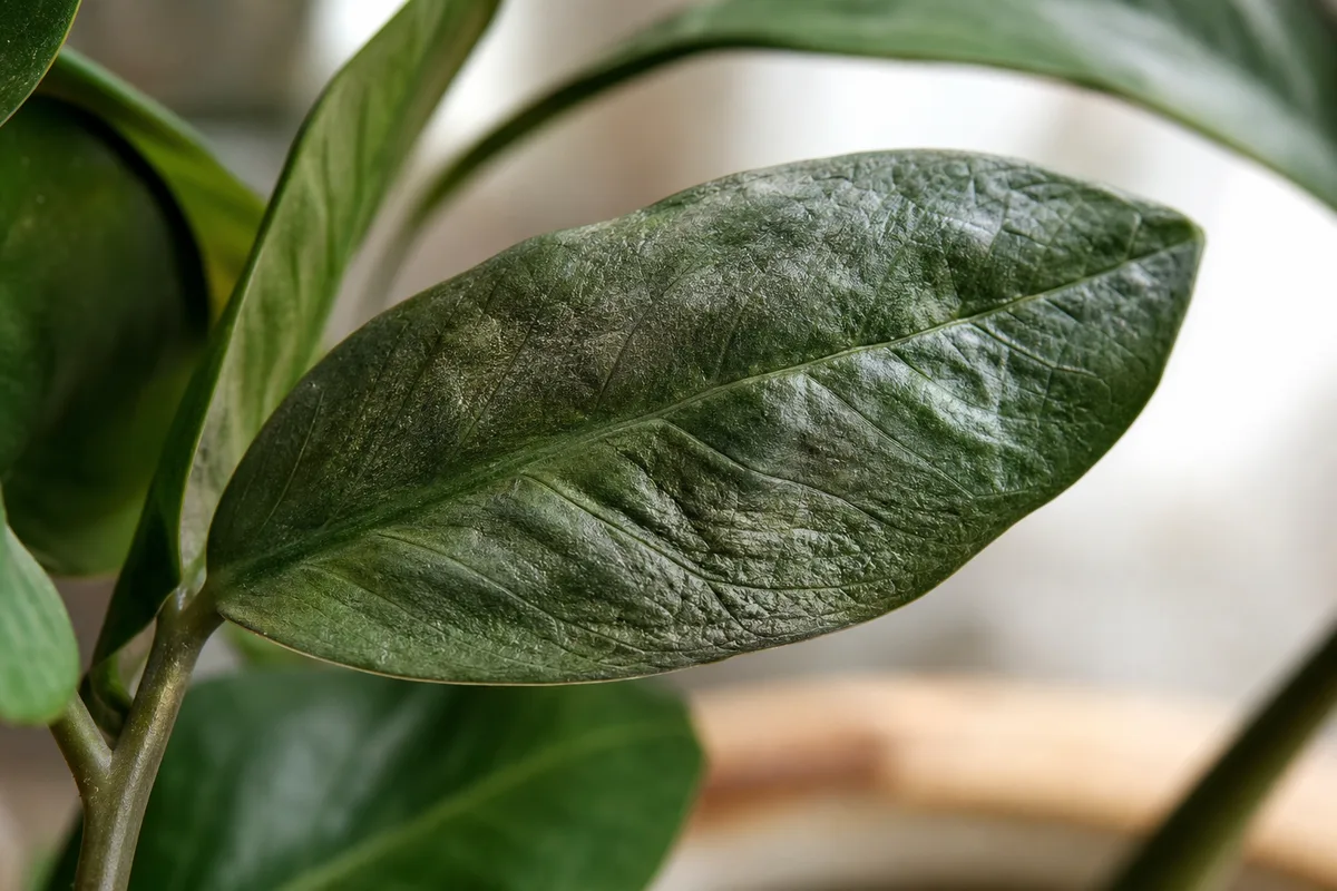 Close-up of Underwatering on ZZ Plant - diagnostic detail