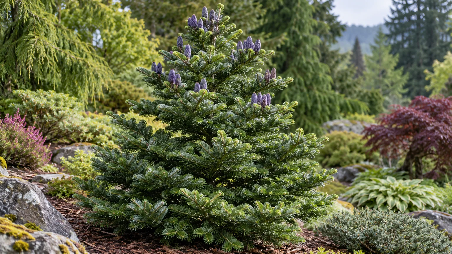 Korean fir with upright violet cones and silver-backed needles in a garden