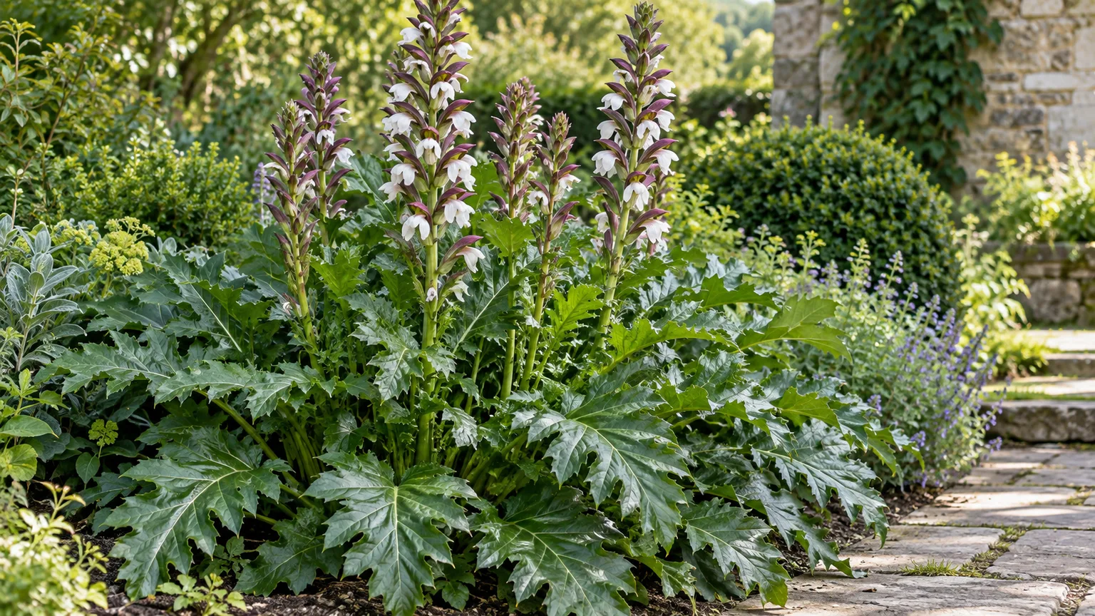 Bear’s breeches with glossy lobed leaves and white flowers beneath purple bracts