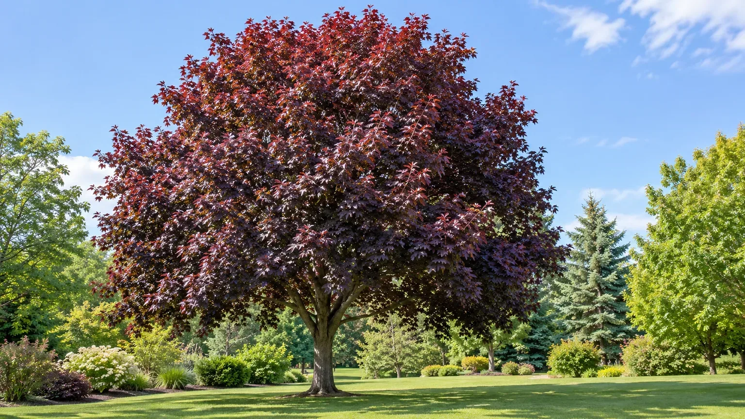 Mature Crimson King Norway maple with a broad burgundy canopy in a green lawn
