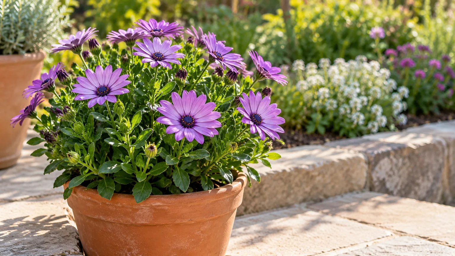 Healthy African daisy with violet flowers in a terracotta pot on a sunny patio