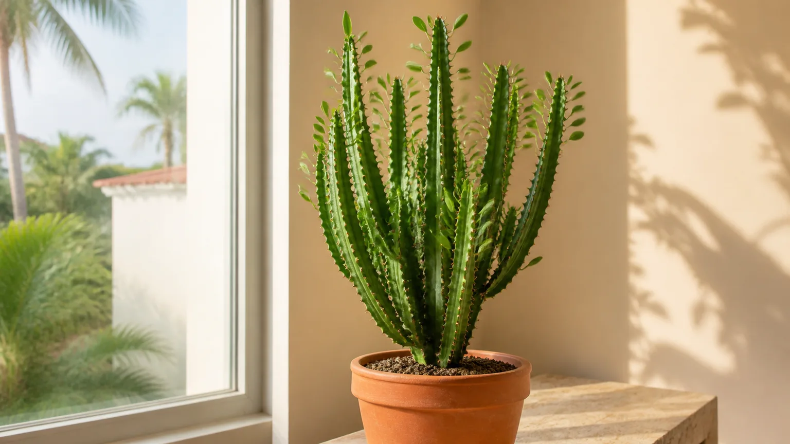 Healthy African milk tree with triangular green stems in a terracotta pot beside a bright window
