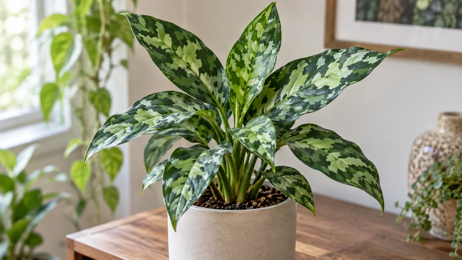 Aglaonema pictum tricolor with three-tone camouflage leaves in a bright indoor plant setting