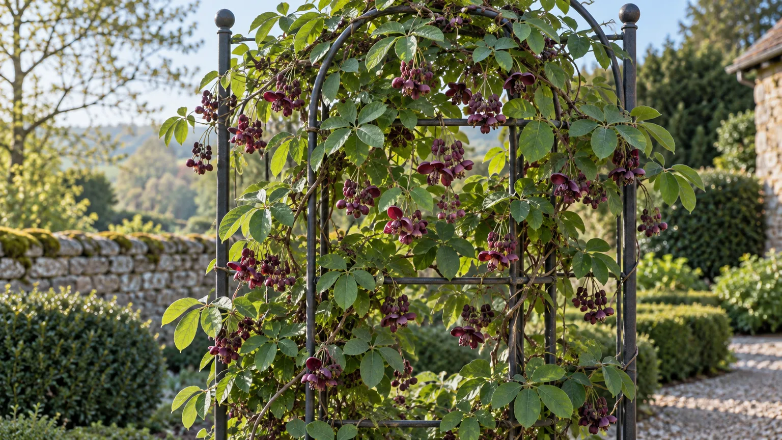 Chocolate vine with five-part leaves and maroon-purple spring flowers trained on a trellis.