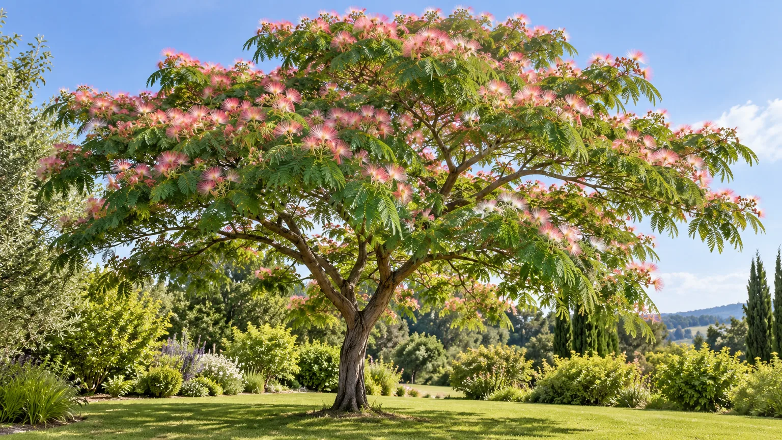 Mature Persian silk tree with a broad canopy of feathery foliage and pink flowers